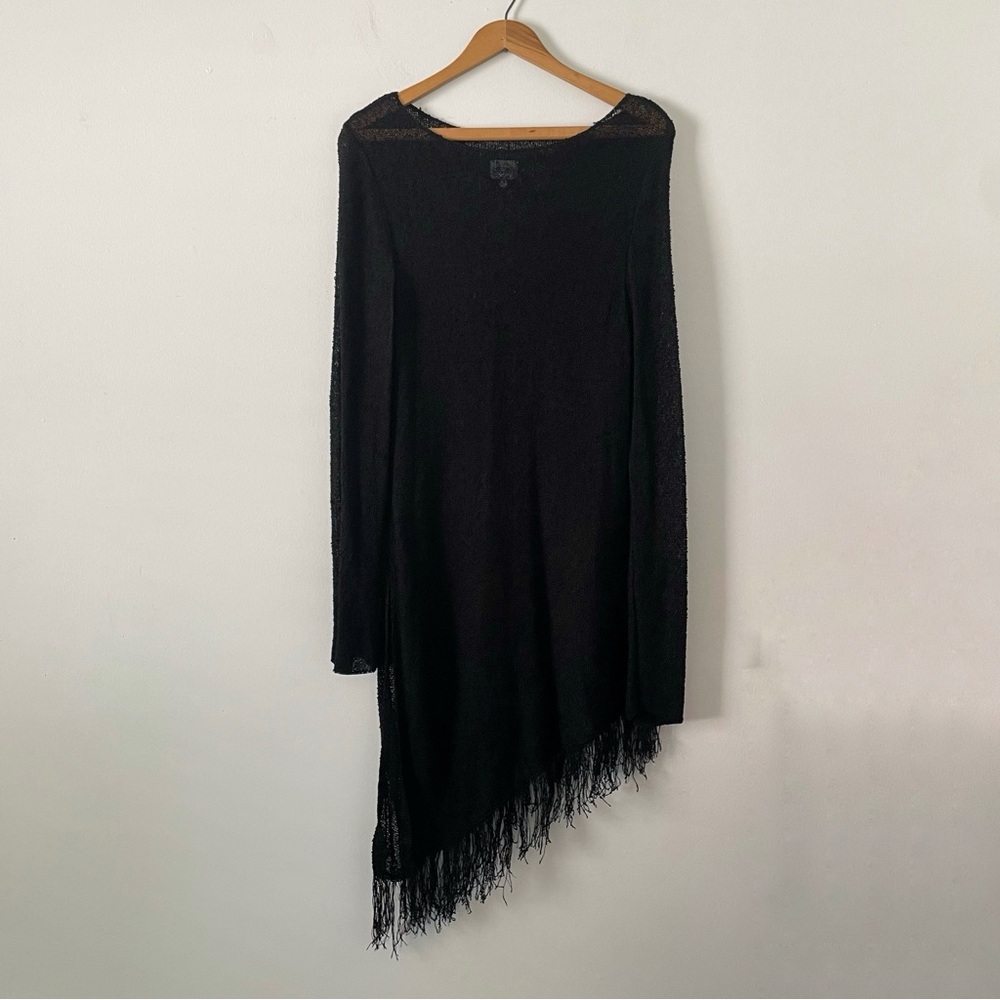 Chicos Black Open Knit Fringe Asymmetrical Hem Long Sleeve Tunic Size 1 Medium